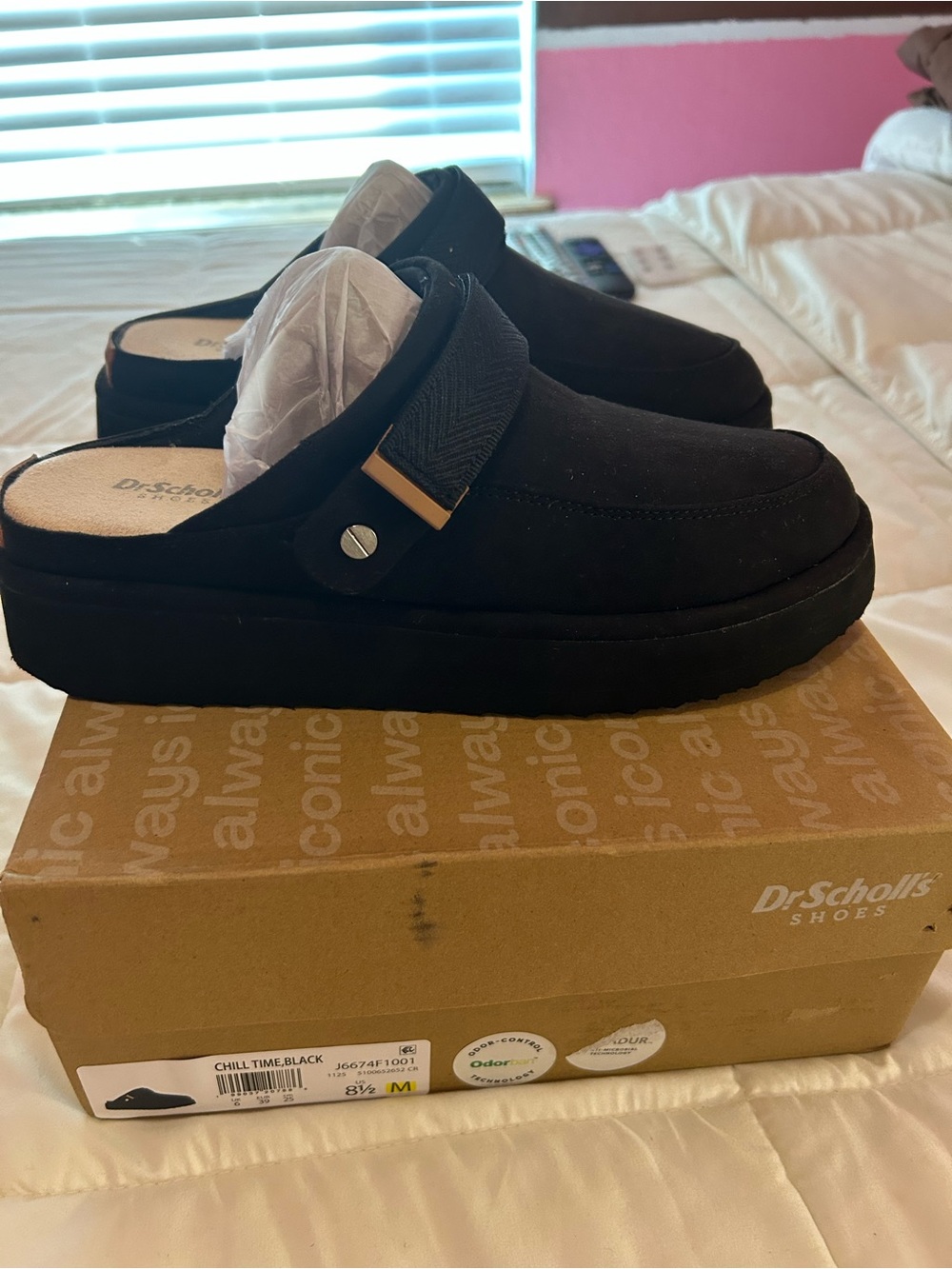 Dr. Scholl's Black Slip-On Platform Clogs with Gold Accent